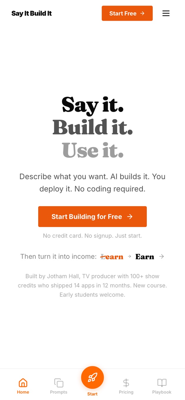 Say It Build It home screen on a phone